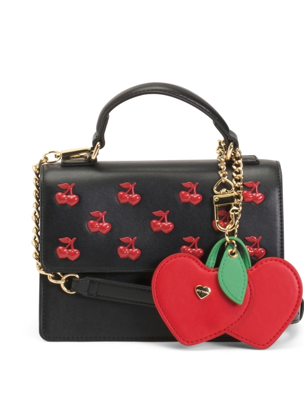 👉✨️ Betsey Johnson Black Satchel with Red Cherry Appliqués & Red Heart Charm